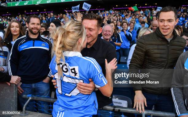 Dublin , Ireland - 24 September 2017; Dublin footballer Paul Flynn congratulates his fiancée Fiona Hudson after the TG4 Ladies Football All-Ireland...