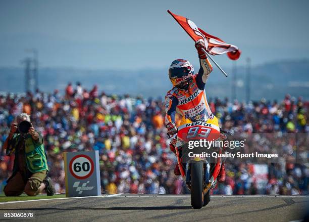 Marc Marquez of Spain and Repsol Honda Team celebrates after winning the MotoGP of Aragon at Motorland Aragon Circuit on September 24, 2017 in...