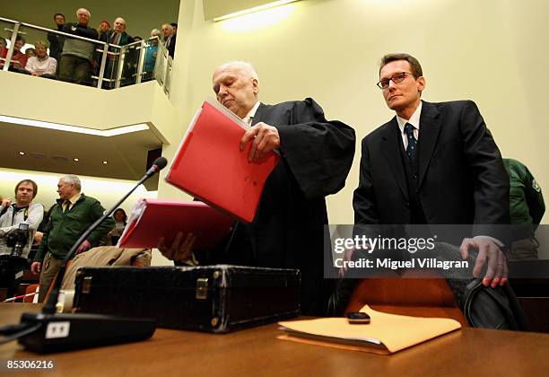 Helg Sgarbi and his German lawyer Egon Geis arrive to Sgarbi's trial at the country court on March 9, 2009 in Munich, Germany.Sgarbi has been charged...