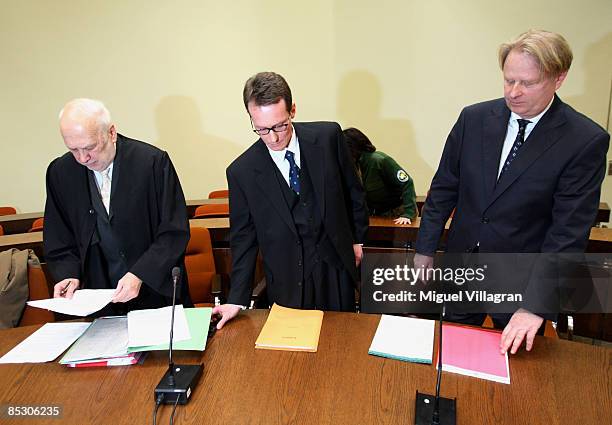 Helg Sgarbi , his German lawyer Egon Geis and his Swiss lawyer Till Gontersweiler arrive to Sgarbi's trial at the country court on March 9, 2009 in...