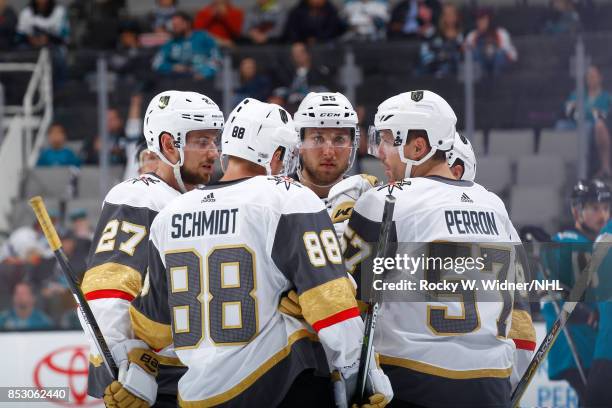 Shea Theodore, Nate Schmidt, Stefan Matteau, and David Perron of the Vegas Golden Knights huddle during the game against the San Jose Sharks at SAP...