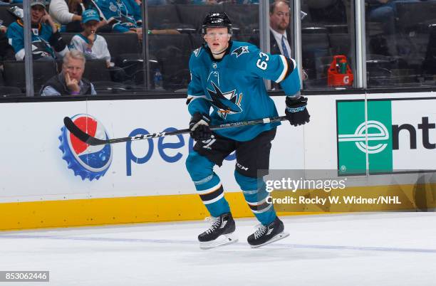 Julius Bergman of the San Jose Sharks skates against the Vegas Golden Knights at SAP Center on September 21, 2017 in San Jose, California.