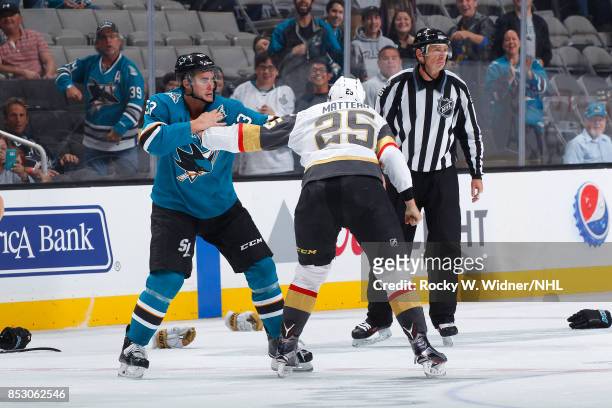 Stefan Matteau of the Vegas Golden Knights and Brandon Mashinter of the San Jose Sharks get into an altercation during the game at SAP Center on...