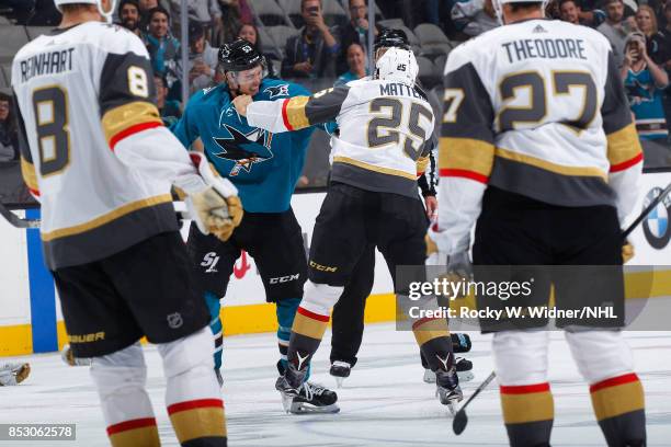 Stefan Matteau of the Vegas Golden Knights and Brandon Mashinter of the San Jose Sharks get into an altercation during the game at SAP Center on...