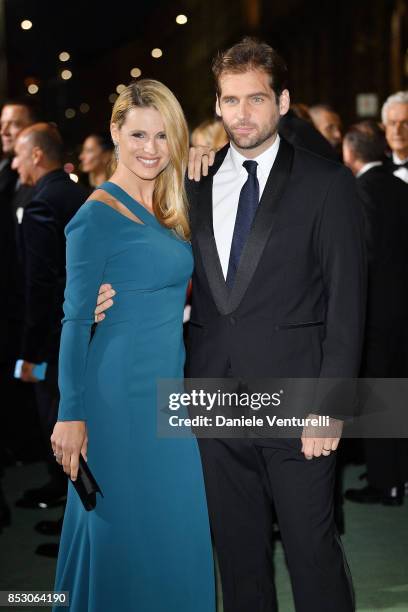 Michelle Hunziker and Tommaso Trussardi attend the Green Carpet Fashion Awards Italia 2017 during Milan Fashion Week Spring/Summer 2018 on September...