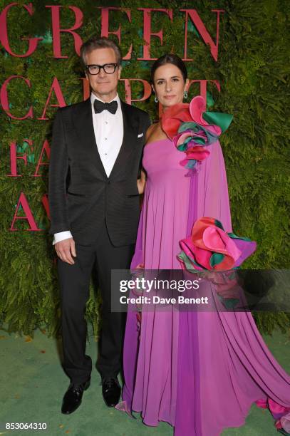 Colin Firth and Livia Firth attend the Green Carpet Fashion Awards, Italia, wearing Roberto Capucci for the Green Carpet Challenge at Teatro Alla...