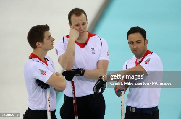 Great Britain's skip David Murdoch with Scott Andrews and Michael Goodfellow during the Men's Gold medal match at the Ice Cube Curling Centre during...