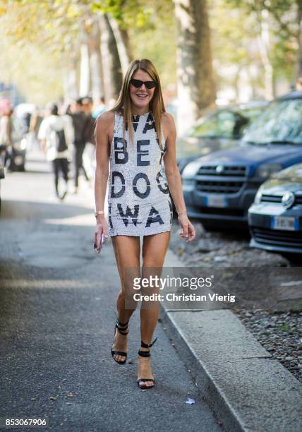 Anna dello Russo wearing a short dress is seen outside Marni during Milan Fashion Week Spring/Summer 2018 on September 24, 2017 in Milan, Italy.