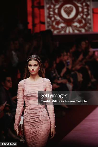 Model walks the runway at the Dolce & Gabbana show during the Milan Fashion Week Spring/Summer 2018 on September 24, 2017 in Milan, Italy.