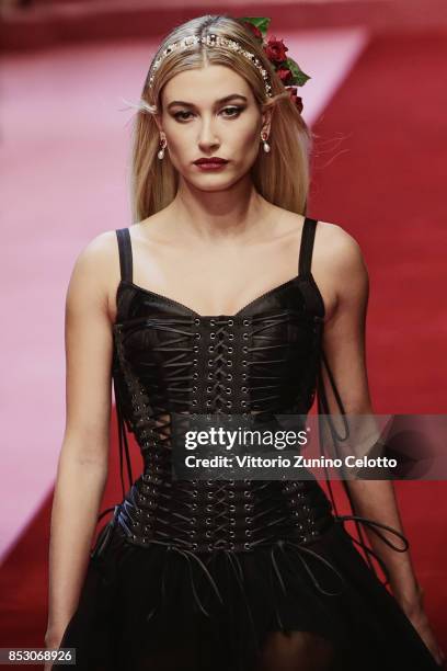 Hailey Baldwin walks the runway at the Dolce & Gabbana show during the Milan Fashion Week Spring/Summer 2018 on September 24, 2017 in Milan, Italy.