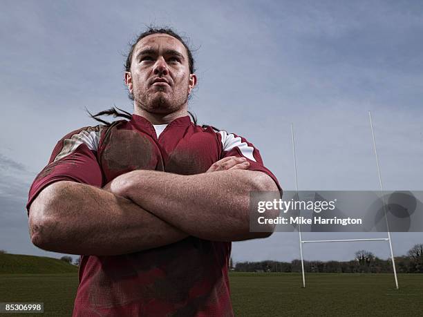 strong rugby player in pitch - rugby posts stock pictures, royalty-free photos & images