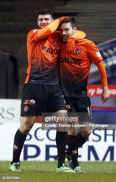 Dundee United's Ryan Dow celebrates his goal with team mate Nadir Ciftci during the Scottish Premiership match a Tannadice Park, Dundee.