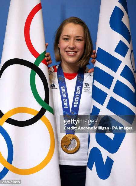 Great Britain's Lizzy Yarnold beside an Olympic flag after a press conference where it was announced she will carry the flag for Great Britain at...