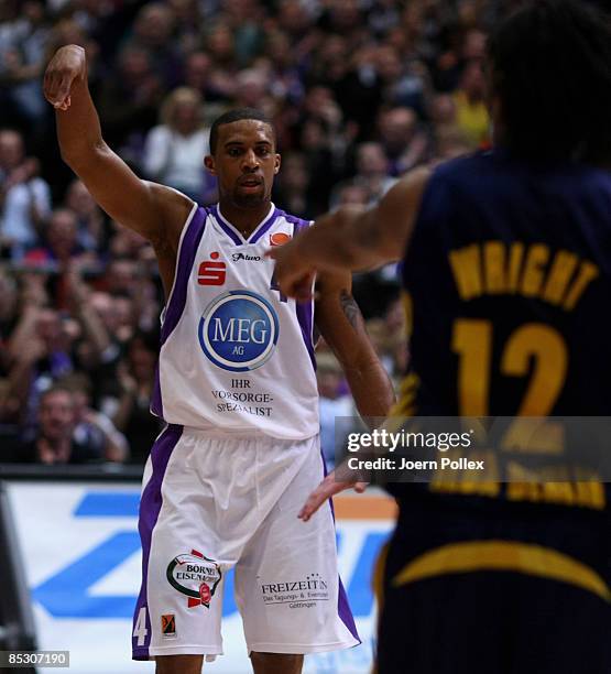 Charles Lee of Goettingen gestures during the Basketball Bundesliga match between MEG Goettingen and Alba Berlin at the Lokhalle on March 7, 2009 in...