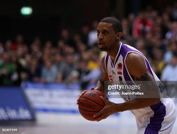 Charles Lee of Goettingen is seen in action during the Basketball Bundesliga match between MEG Goettingen and Alba Berlin at the Lokhalle on March 7,...