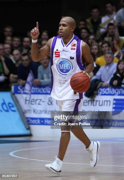 Kyle Bailey of Goettingen celebrates during the Basketball Bundesliga match between MEG Goettingen and Alba Berlin at the Lokhalle on March 7, 2009...