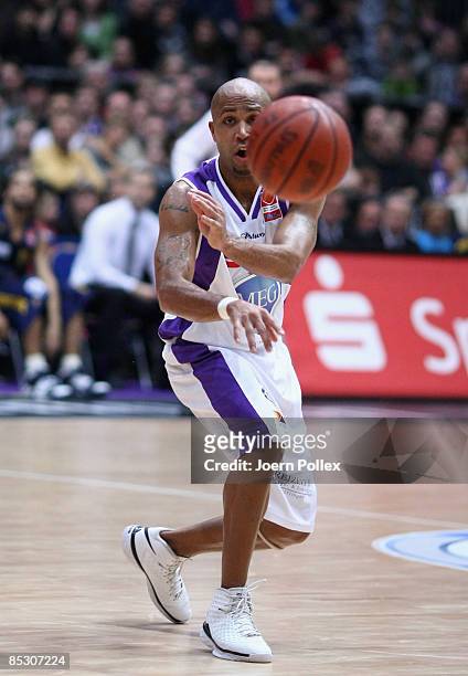 Kyle Bailey of Goettingen is seen in action during the Basketball Bundesliga match between MEG Goettingen and Alba Berlin at the Lokhalle on March 7,...