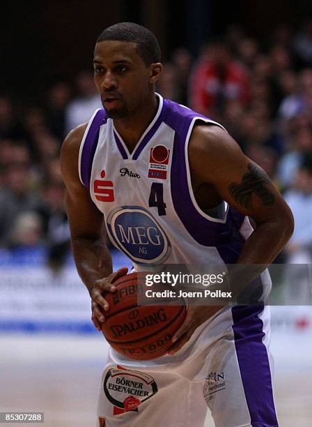 Charles Lee of Goettingen is seen in action during the Basketball Bundesliga match between MEG Goettingen and Alba Berlin at the Lokhalle on March 7,...