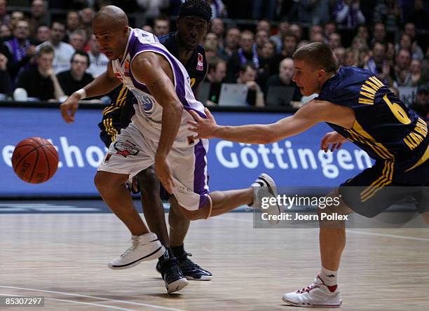 Kyle Bailey of Goettingen is seen in action during the Basketball Bundesliga match between MEG Goettingen and Alba Berlin at the Lokhalle on March 7,...