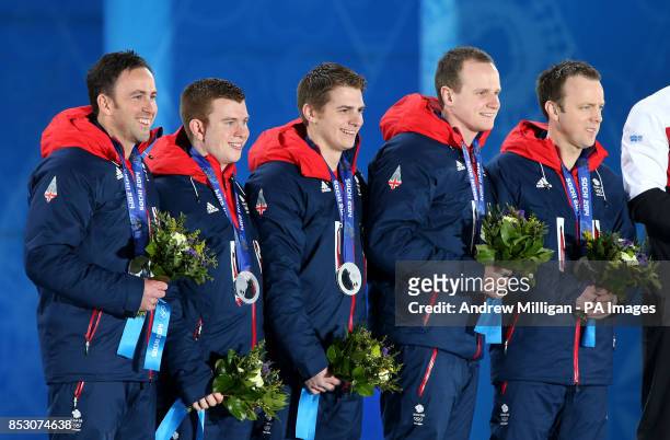 The Men's curling team of David Murdoch, Greg Drummond, Scott Andrews, Michael Goodfellow and Tom Brewster during the medal ceremony at the Medals...