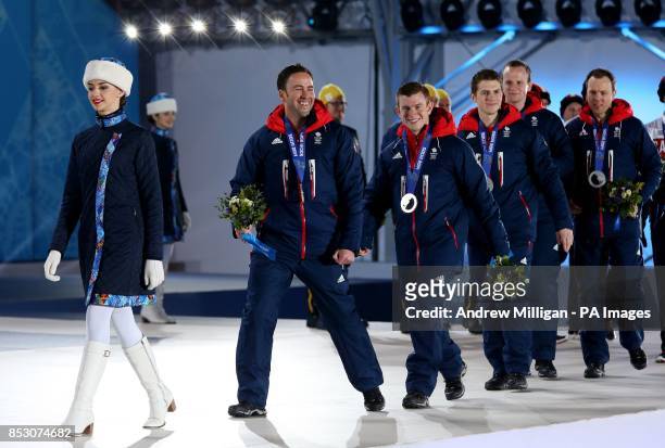 Great Britain's Men's curling team of David Murdoch, Greg Drummond, Scott Andrews, Michael Goodfellow and Tom Brewster during the medal ceremony at...
