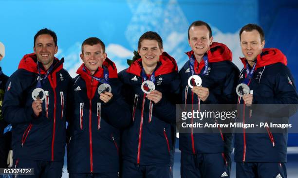 Great Britain's Men's curling team of David Murdoch, Greg Drummond, Scott Andrews, Michael Goodfellow and Tom Brewster during the medal ceremony at...
