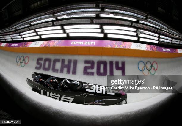 In run 3 of the men's 4 man Bobsleigh at the Sanki Sliding Centre during the 2014 Sochi Olympic Games in Krasnaya Polyana, Russia.