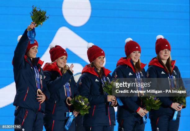 Great Britain's Women's curling team of Eve Muirhead, Anna Sloan, Vicki Adams, Claire Hamilton and Lauren Gray during the medal ceremony at the...