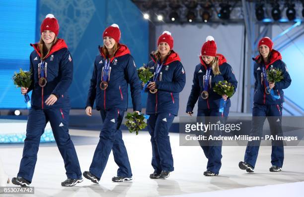 Great Britain's Women's curling team of Lauren Gray, Claire Hamilton, Vicki Adams, Anna Sloan and Eve Muirhead during the medal ceremony at the...