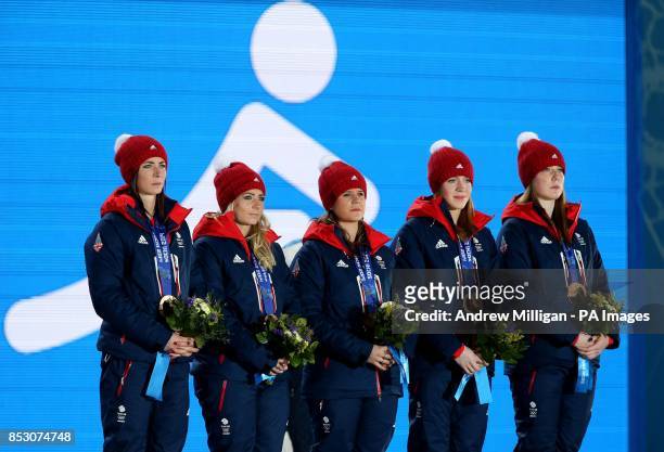 Great Britain's Women's curling team of Eve Muirhead, Anna Sloan, Vicki Adams, Claire Hamilton and Lauren Gray during the medal ceremony at the...