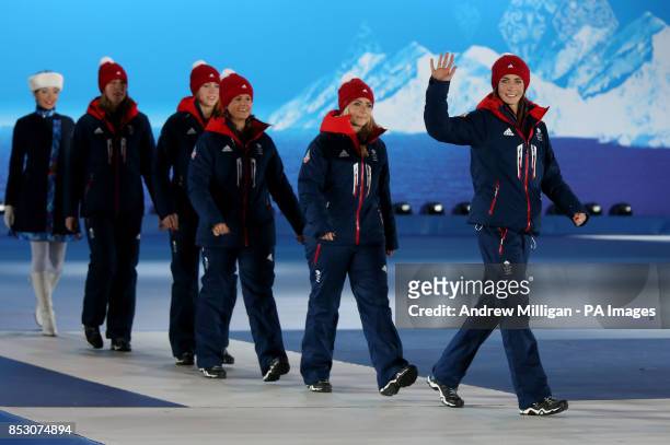 Great Britain's Women's curling team skip Eve Muirhead leads her team out for the medal ceremony at the Medals Plaza, after they won Bronze during...