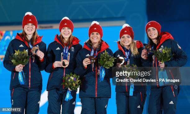 Great Britain's Women's curling team of Lauren Gray, Claire Hamilton, Vicki Adams, Anna Sloan and Eve Muirhead during the medal ceremony at the...