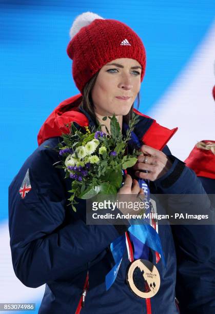 Great Britain's Women's curling team's skip Eve Muirhead during the medal ceremony at the Medals Plaza, after they won Bronze during the 2014 Sochi...