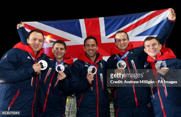 Great Britain's Men's curling team Tom Brewster, Scott Andrews, David Murdoch, Michael Goodfellow and Greg Drummond pose with their Silver medals...