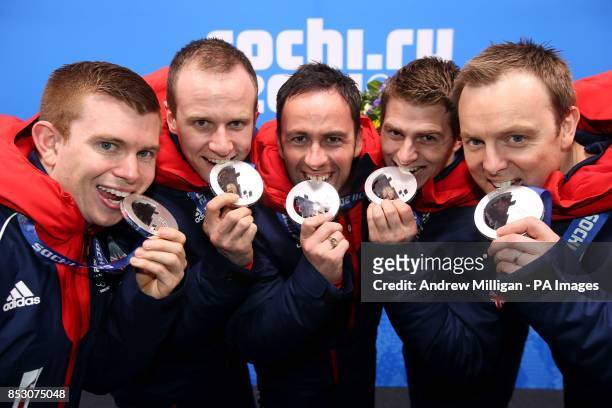 Great Britain's Men's curling team Greg Drummond, Michael Goodfellow, David Murdoch, Scott Andrews and Tom Brewster pose with their Silver medals...
