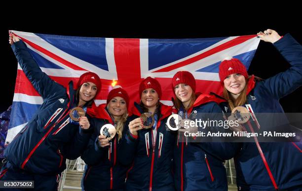 Great Britain's Women's curling team Eve Muirhead, Anna Sloan, Vicki Adams, Claire Hamilton and Lauren Gray with their Bronze medals following the...