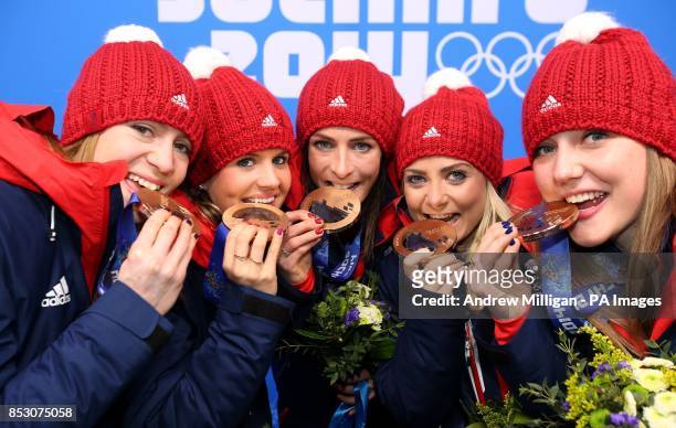 Great Britain's Women's curling team Claire Hamilton, Vicki Adams, Eve Muirhead, anna Sloan and Lauren Gray with their Bronze medals following the...
