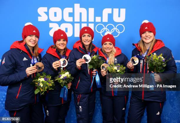 Great Britain's Women's curling team Claire Hamilton, Vicki Adams, Eve Muirhead, Anna Sloan and Lauren Gray with their Bronze medals following the...