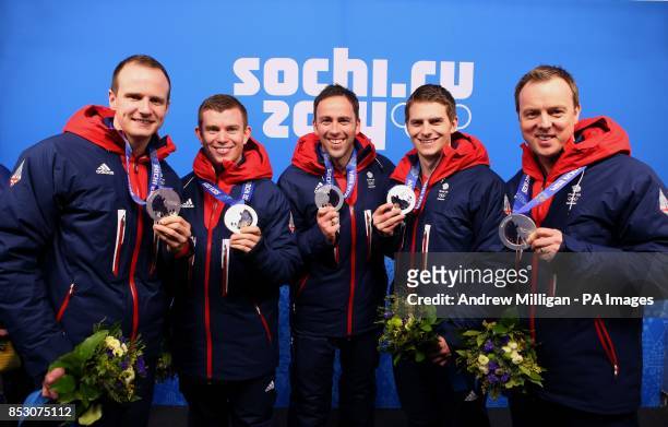 Great Britain's Men's curling team Michael Goodfellow, Greg Drummond, David Murdoch, Scott Andrews and Tom Brewster pose with their Silver medals...