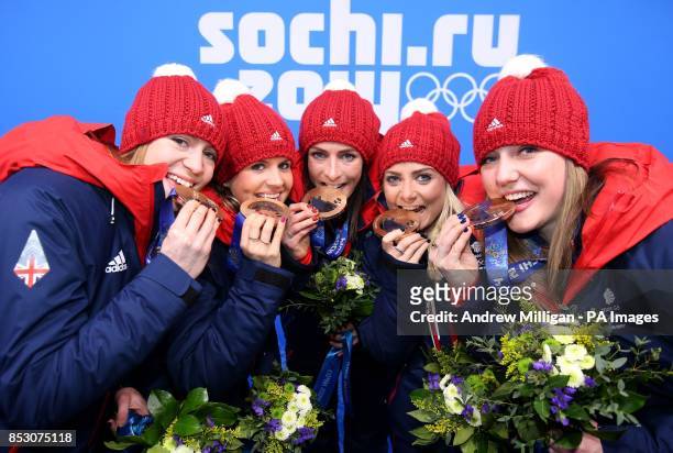 Great Britain's Women's curling team Claire Hamilton, Vicki Adams, Eve Muirhead, Anna Sloan and Lauren Gray with their Bronze medals following the...
