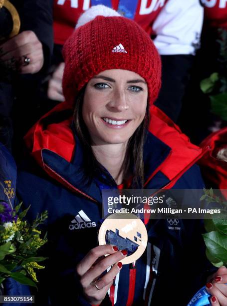 Great Britain's Women's curling team skip Eve Muirhead with her Bronze medal during the medal ceremony at the Medals Plaza during the 2014 Sochi...