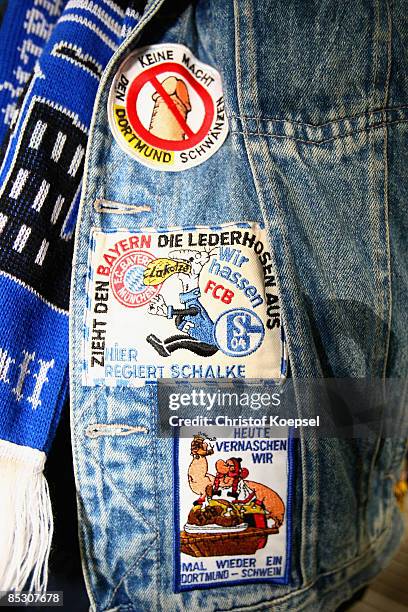 Fan stickers of a fan of Schalke are seen during the Bundesliga match between FC Schalke 04 and 1. FC Koeln at the Veltins-Arena on March 6, 2009 in...