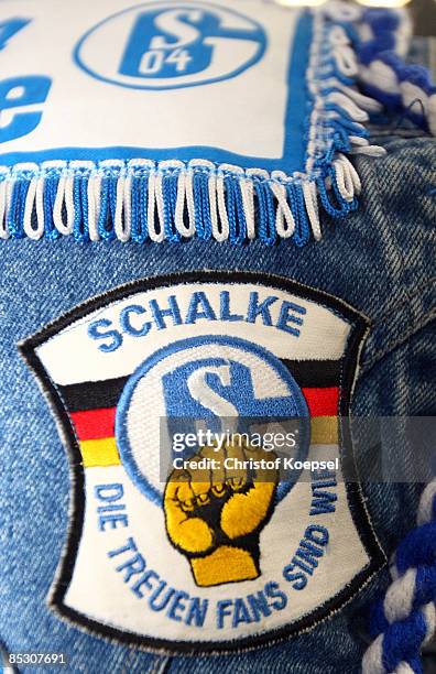 Fan stickers of a fan of Schalke are seen during the Bundesliga match between FC Schalke 04 and 1. FC Koeln at the Veltins-Arena on March 6, 2009 in...