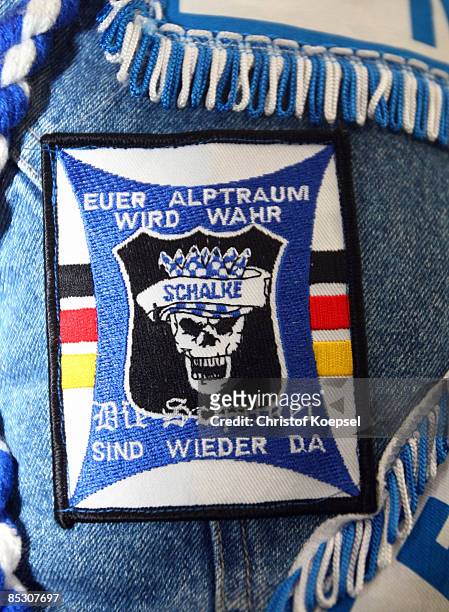 Fan stickers of a fan of Schalke are seen during the Bundesliga match between FC Schalke 04 and 1. FC Koeln at the Veltins-Arena on March 6, 2009 in...