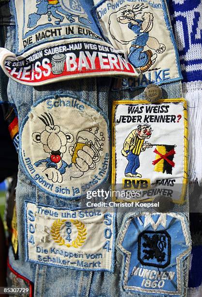 Fan stickers of a fan of Schalke are seen during the Bundesliga match between FC Schalke 04 and 1. FC Koeln at the Veltins-Arena on March 6, 2009 in...