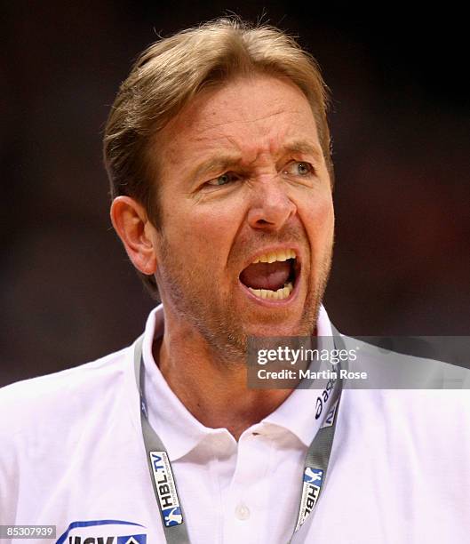 Martin Schwalb, head coach of Hamburg reacts during the Bundesliga match between HSV Hamburg and TV Grosswallstadt at the Color Line Arena on March...