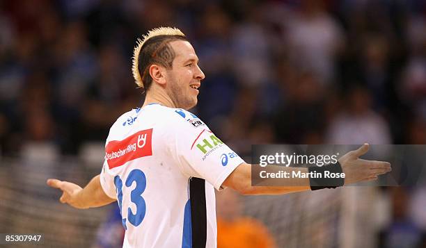 Pascal Hens of Hamburg gestures during the Bundesliga match between HSV Hamburg and TV Grosswallstadt at the Color Line Arena on March 7, 2009 in...