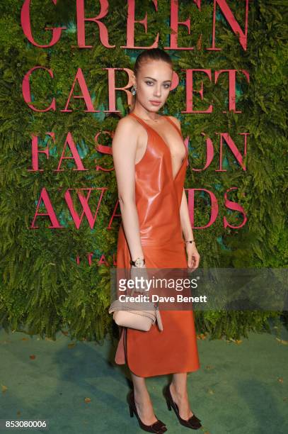 Xenia Tchoumi attends the Green Carpet Fashion Awards, Italia, wearing Tod's for the Green Carpet Challenge at Teatro Alla Scala on September 24,...