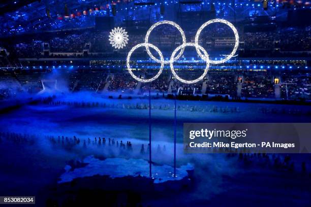 View of The Olympic rings as one of them fails to open at the Opening Ceremony of the 2014 Sochi Olympic Games in Krasnaya Polyana, Russia.