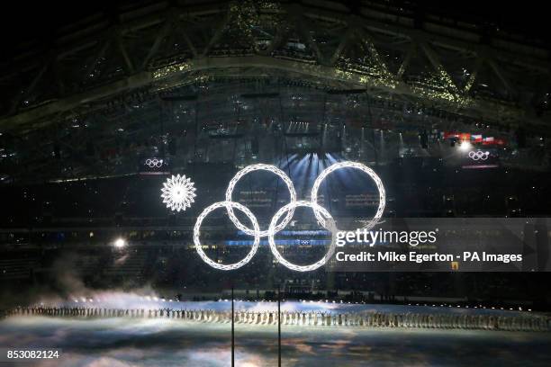 View of The Olympic rings as one of them fails to open at the Opening Ceremony of the 2014 Sochi Olympic Games in Krasnaya Polyana, Russia.